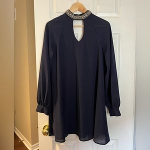 Navy evenings dress with sequenced collar, size small